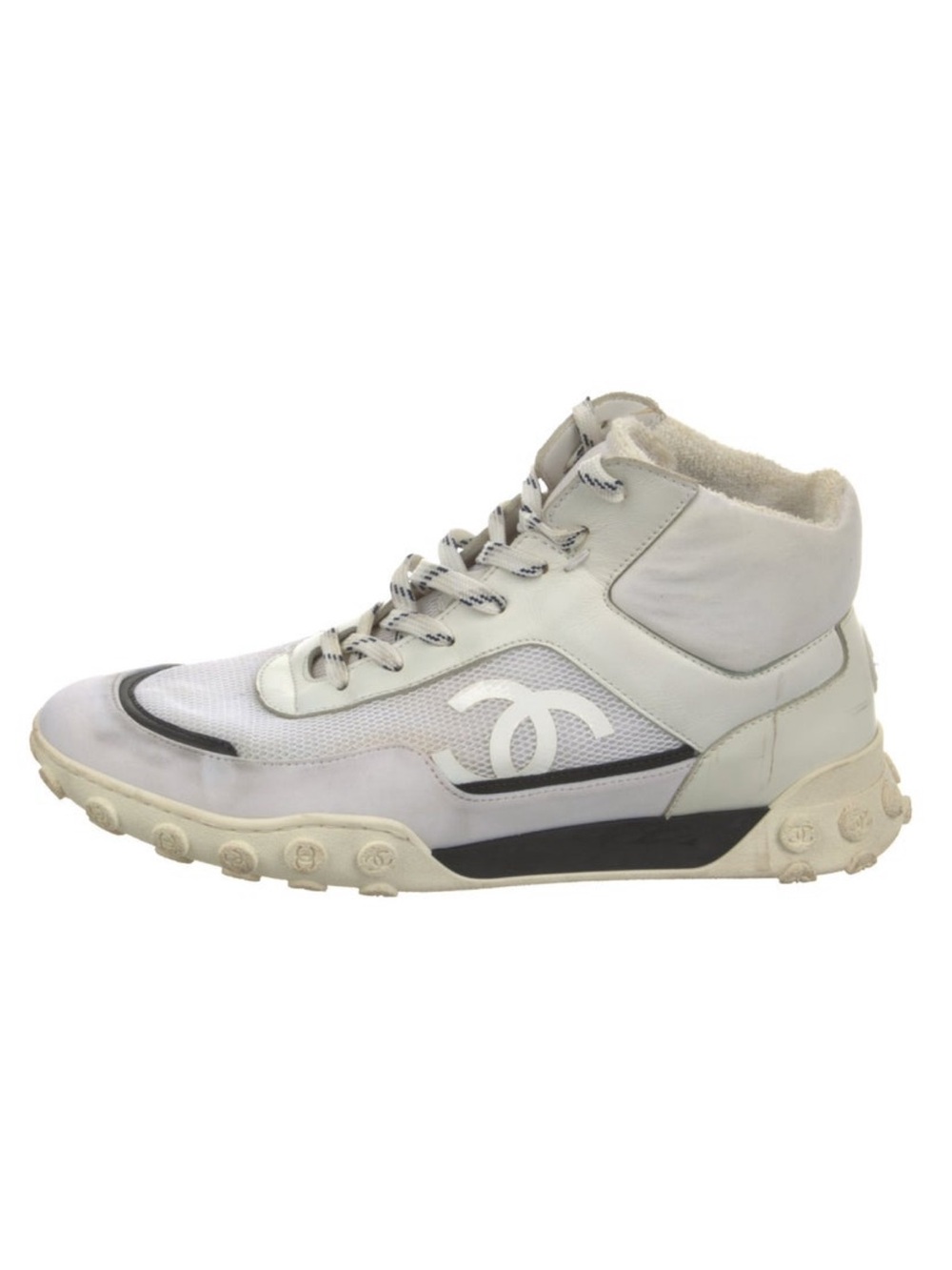 CHANEL White and Black High-Top Logo Sneakers